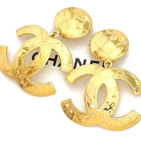 CHANEL Large Huge CC Logos Dangle Earrings Gold Tone Vintage 94P w/Box l1141 - Picture 1 of 5